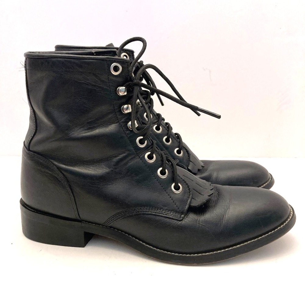 Justin Boots Roper Lace Up Western Boots Jr Girls 5 D Black Leather‎ 620Y Kiltie